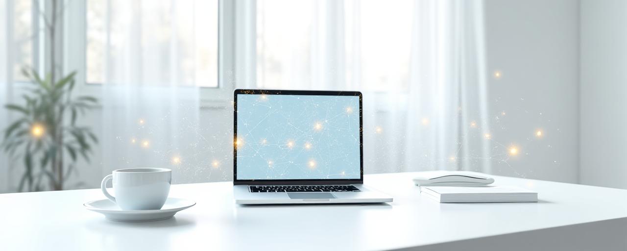 Futuristic digital network overlay on a white minimal workspace